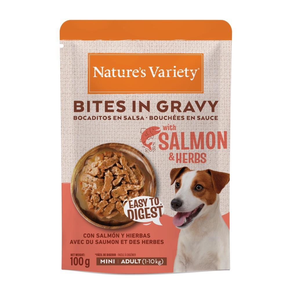 NATURE´S VARIETY DOG MINI BOCADITO EN SALSA SALMON Y HIERBAS 100G